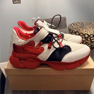 CHRISTIAN LOUBOUTIN Red Runner Chunky Heel Mesh & Leather Sneakers Shoes size 45
